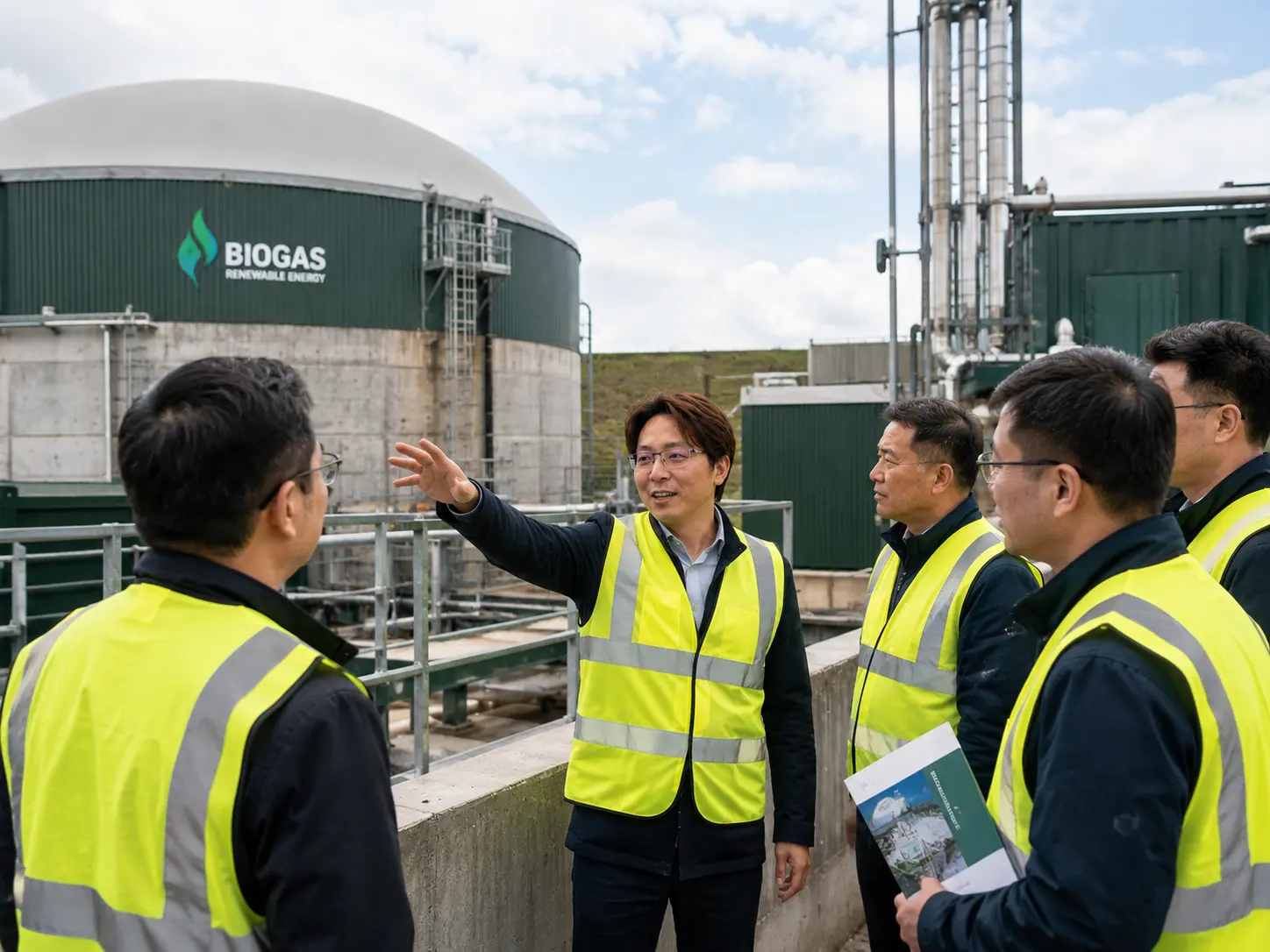 Gruppenfoto bei einem Biogas-Projekt in der Green-Energy-Branche